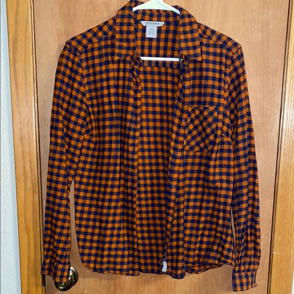 Field & Stream Orange and Black Plaid Button Down Shirt